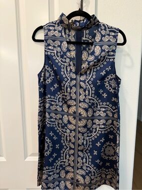 Handcrafted Navy and White Paisley Zip Dress